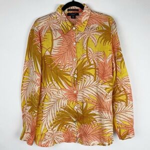 Tahari Linen Button Up‎ Top Women M Palm Leaf